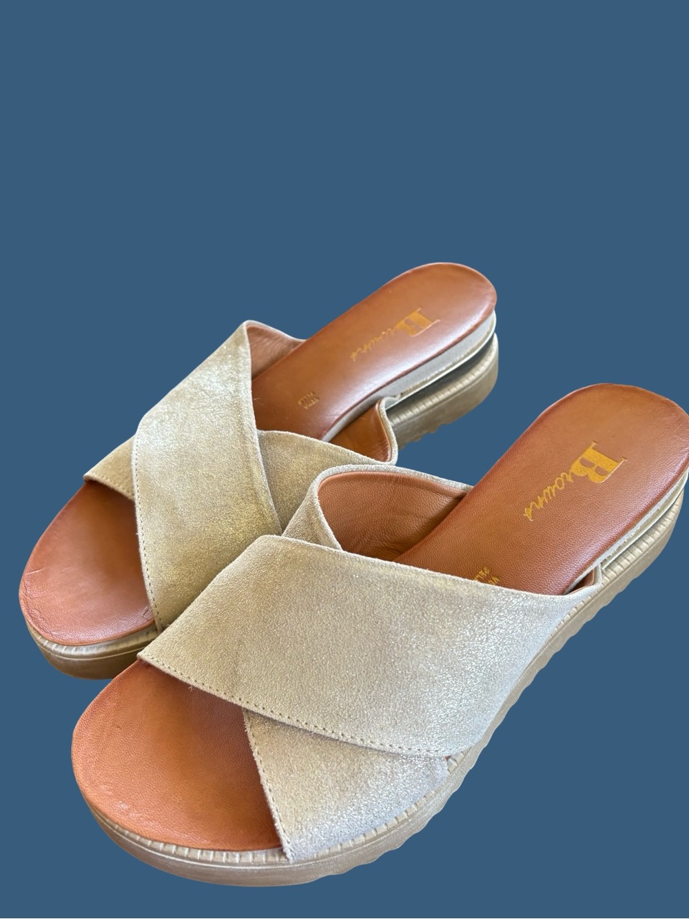 Neutral Light Gold Crisscross Suede Slide Sandals